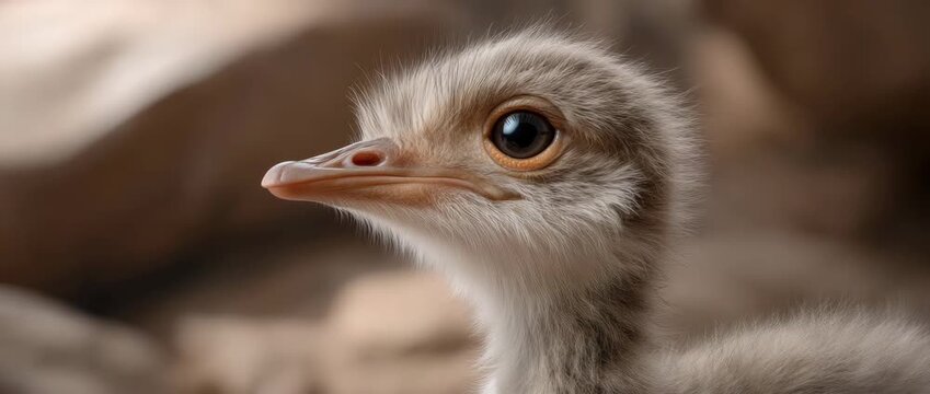 Young ostrich chick stands still while looking around at its surroundings in natural habitat during the daytime
