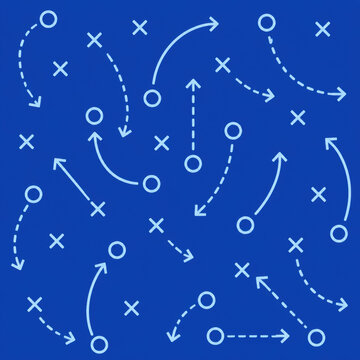 Tactical sports game plan pattern with arrows and markers on a blue background