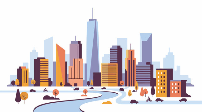 A vibrant cityscape with a river flowing through it, surrounded by tall buildings and trees