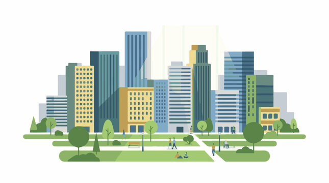 A vibrant cityscape with a park in the foreground