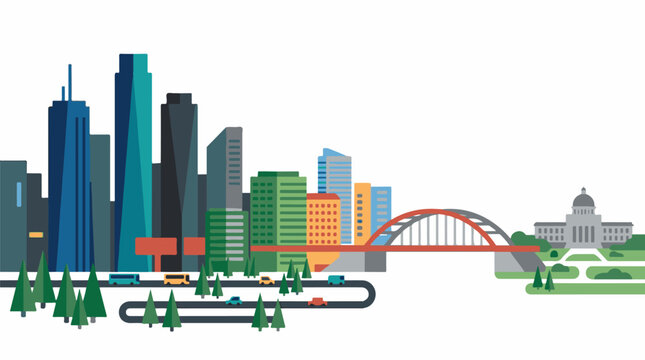 A vibrant cityscape with a bridge and skyscrapers