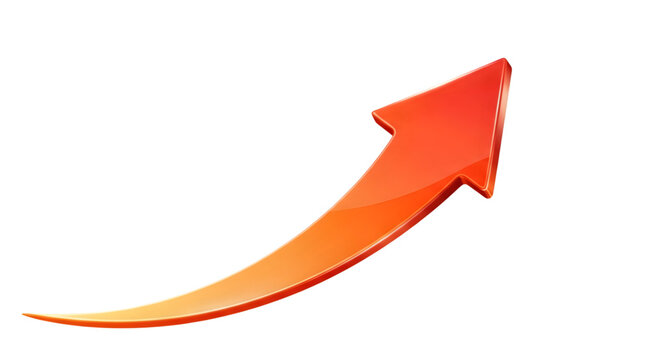 Bright red orange curved arrow pointing upwards on black background image