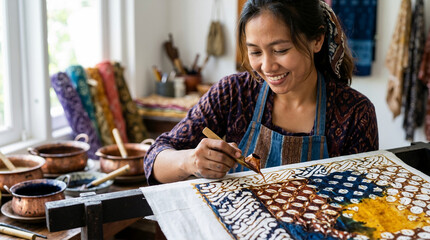 Fototapeta premium Smiling Asian woman applying hot wax to fabric with a canting tool. Traditional batik dyeing technique in workshop. Handmade textile craft process