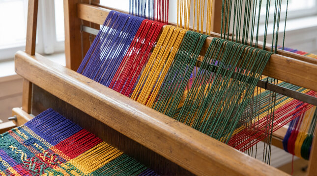 Colorful yarn and partially woven fabric on a traditional wooden loom. Intricate textile pattern creation process. Handmade weaving craft concept