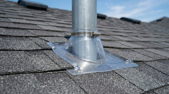 Metal vent pipe with clear plastic flashing on an asphalt shingle roof. Waterproof seal and hose clamp detail