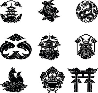 Japanese Cloud Crest Silhouette Vector Illustration Traditional Emblem Collection