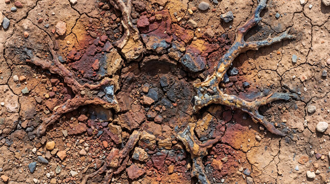 Top view of a branching lightning strike burn mark on dry cracked earth. Colorful fulgurite formation in the soil