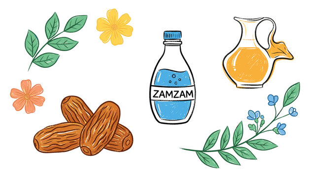 Traditional islamic dates and zamzam water bottle with olive oil jug vector illustration drawing.