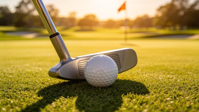 Golf club and ball on green