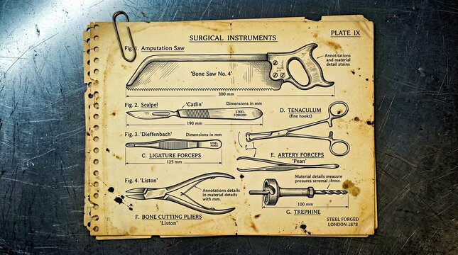 Surgical Instruments on Aged Parchment Background