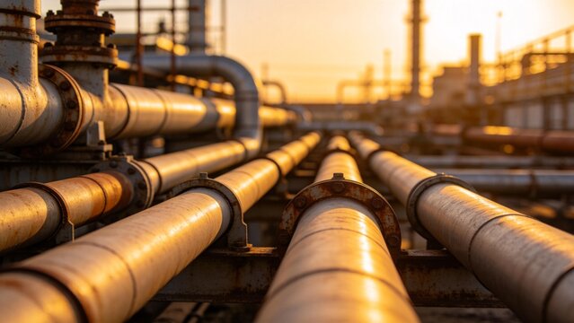 Industrial pipes at sunset
