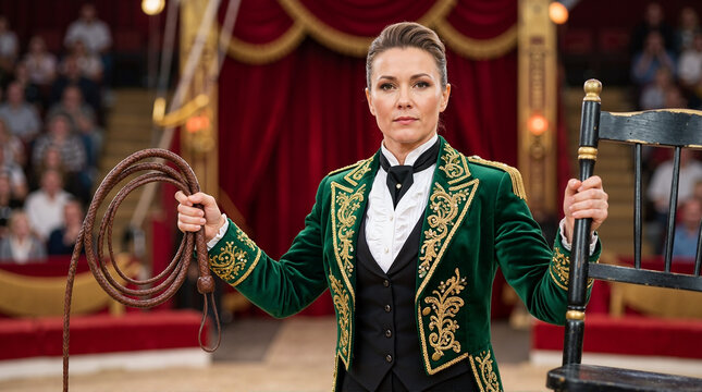 Portrait of a confident female ringmaster holding a whip and chair. Woman in a green and gold velvet costume standing in a circus tent. Traditional circus entertainment