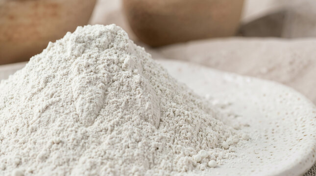 Close up of fine white kaolin clay powder on a textured ceramic plate. Natural raw material for cosmetic skincare and beauty treatments