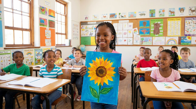Proud African schoolgirl showing her sunflower painting in class. Young Black female student holding artwork in a diverse classroom. Creative education and International Day of the African Child