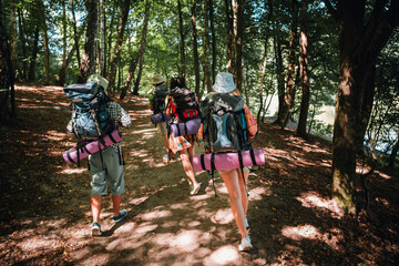 Fototapeta premium Three friends backpacking through a sunlit forest on a dirt trail carrying backpacks, sleeping mats and camping gear as they hike together near a calm lakeside