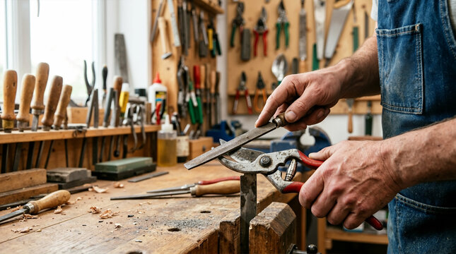 Close up of hands sharpening pruning shears with a metal file. Craftsman working at a wooden workbench in a workshop. Garden tool maintenance concept