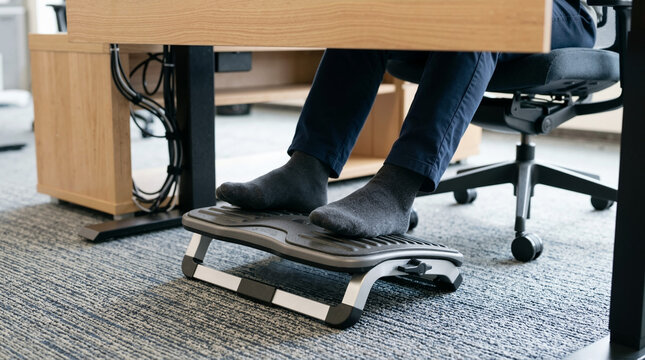 Close up of feet on an ergonomic footrest under an office desk. Comfortable workplace setup for posture support