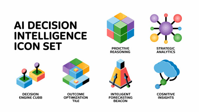 Colorful decision-making process icon set with geometric shapes and arrows