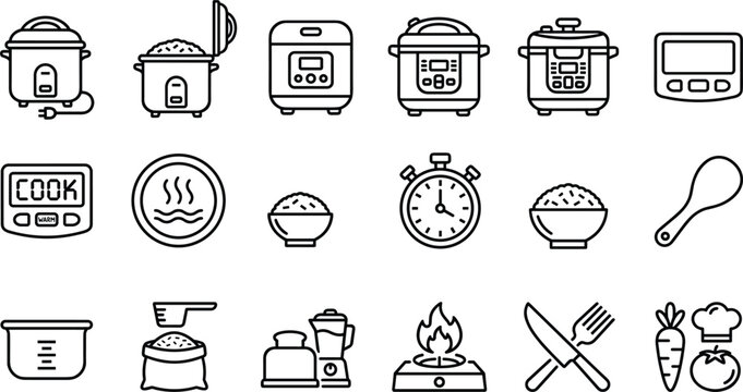 Kitchen cooking line icon set featuring electric rice cookers multicookers food preparation tools timers and culinary symbols vector graphics.