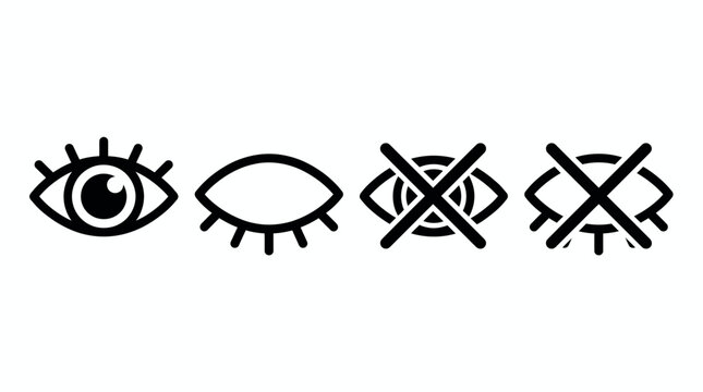 Collection of black line art eye icons depicting open, closed and crossed-out states on a crisp white background, Illustrating visibility toggles and privacy features for user interface design