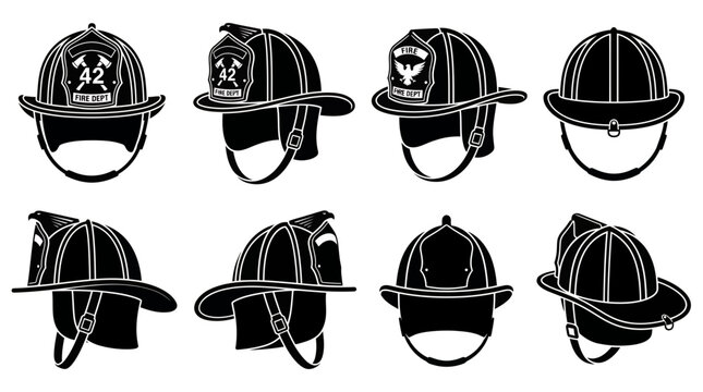Vector illustration set of eight diverse black firefighter helmets from multiple angles, some with detailed badges, illustrating emergency services and public safety