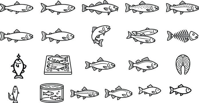 Fish and seafood line icon set featuring salmon trout cod steak bone hook and canned product vector outline collection