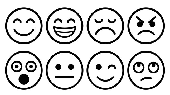 Eight black and white outline emoji faces expressing various human emotions, including joy, anger and surprise, representing user experience surveys and customer satisfaction feedback