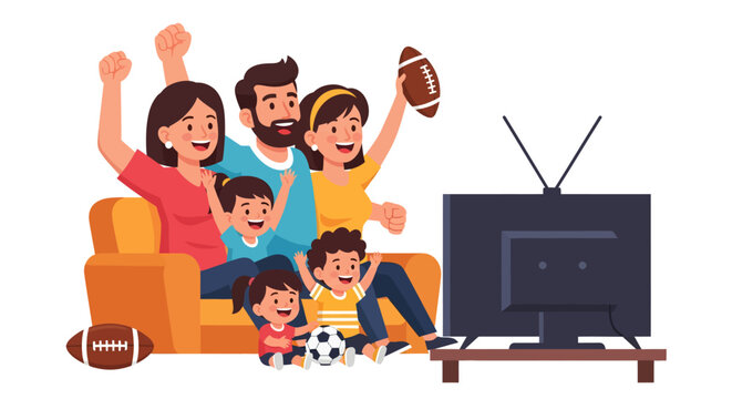 A happy family of five, including two parents and three children, enthusiastically watching a football game on television together on a couch.