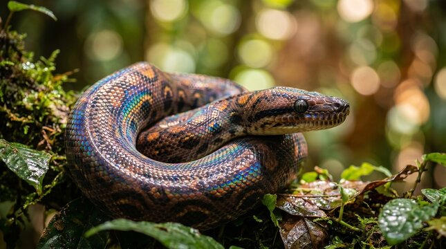 Rainbow boa constrictor coiled in lush tropical rainforest habitat