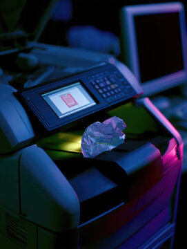 Printer paper jam copier machine office equipment error status crumpled paper tray low light