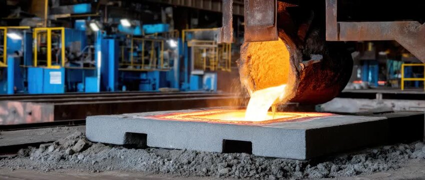 Molten metal pouring into mold at industrial foundry during day shift in busy manufacturing facility