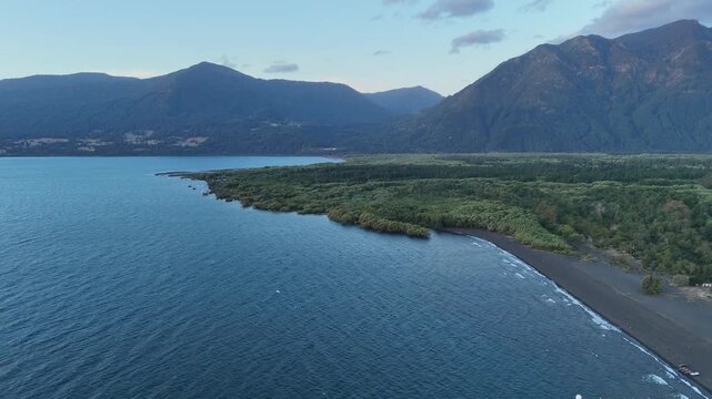 Aerial over black sand beach, Rio Trancura delta, lush forest, Andes.