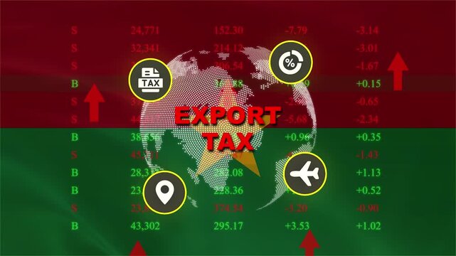 Export Tax on Global Trade: An illustration depicting the impact of export tax on international commerce, with a stylized globe surrounded by icons representing trade and finance.