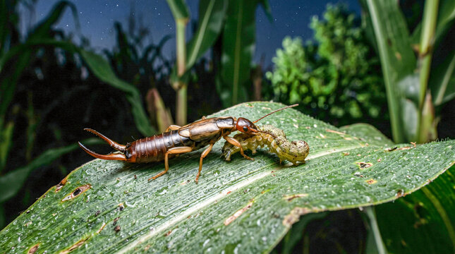 Biological pest control with earwig insect devouring worm on corn crop
