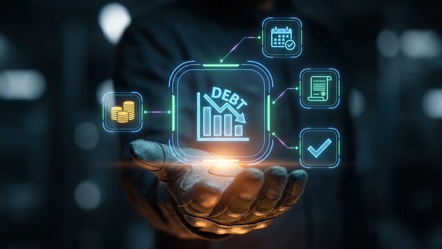 Open hand holding glowing holographic debt reduction chart interface with coins calendar contract and checkmark icons showing loan repayment financial management and debt relief technology concept