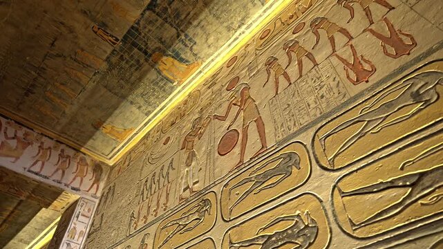A low-angle interior shot displaying the beautifully preserved, vibrant yellow plaster walls and ceiling inside the burial chamber of the Tomb of Ramesses IV (KV2) in the Valley of the Kings, Luxor.