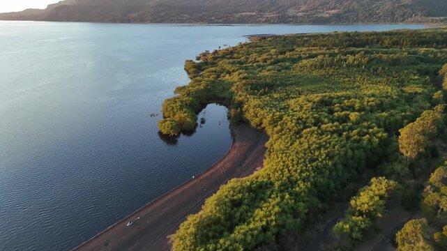 Aerial forward flight over dark sand beach, lagoon inlet, lush forest meeting Lago Villarrica, Pucon, Chile.