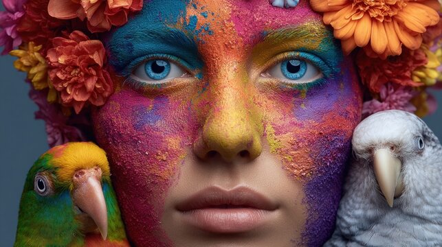 Woman's face with colorful makeup, flowers, and parrots in a creative portrait