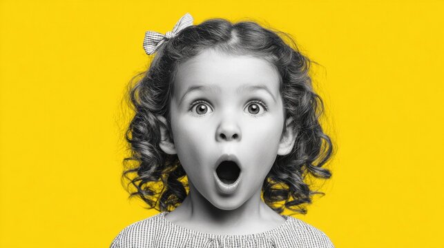 Surprised little girl with curly hair and a bow on a bright yellow background