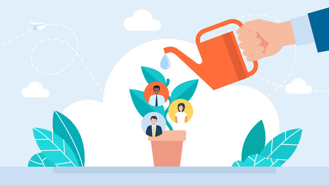 Hand with watering can nurturing green plant with business team profiles, representing human resources development, talent growth, career support and leadership. Flat illustration