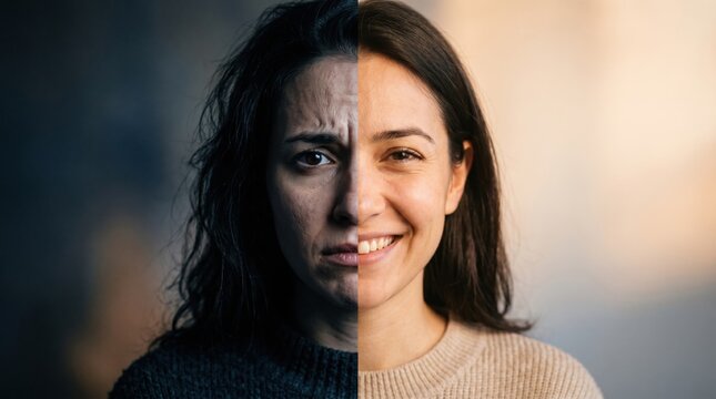 Close up woman split face showing sad depression and happy smiling emotion concept.