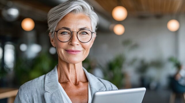 Smiling senior businesswoman with glasses holding a tablet in an office