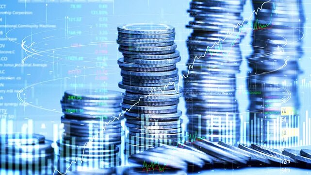Abstract blue and silver financial background with stacked coin columns and business growth concept