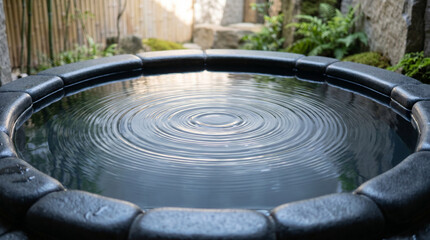 Fototapeta premium Zen Water Ripple in Stone Basin with Serene Garden Background for Meditation and Spa Concept