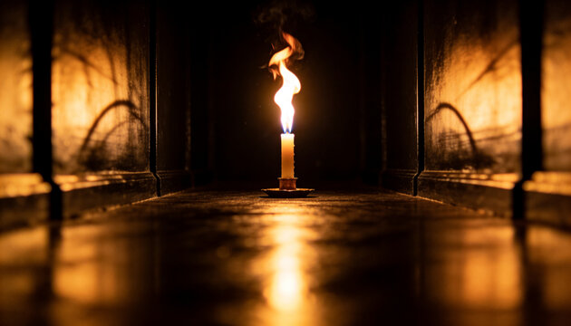Burning single wax candle on metal holder casting smoke and reflections on shiny floor in hallway