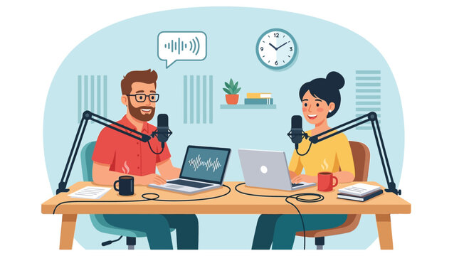 Professional man and woman recording a creative podcast episode using laptops and microphones in studio