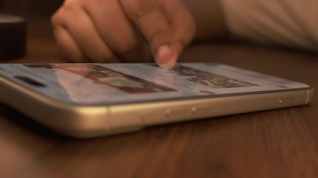 Close-up of a hand scrolling through a social media feed on a smartphone, depicting digital addiction, mindless browsing, and screen dependency in daily life.