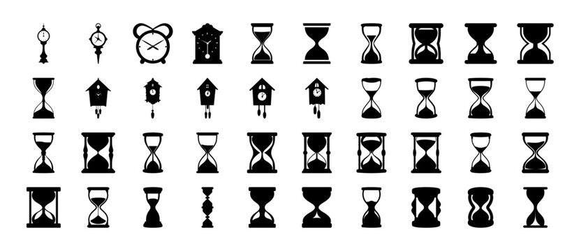 Hourglass, Time and Countdown Icon Set - Black silhouette icon collection featuring hourglasses, sand timers, countdown symbols and time management concepts in various styles.
