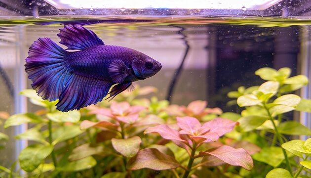 Swimming male betta fish showing purple-blue fins in planted glass aquarium, with plants and filter