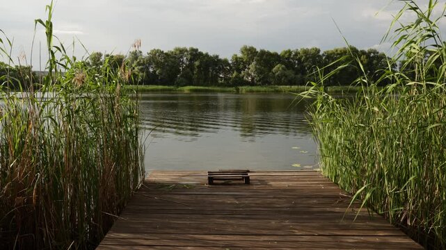 Wooden pier with reeds and calm lake water on a cloudy day
